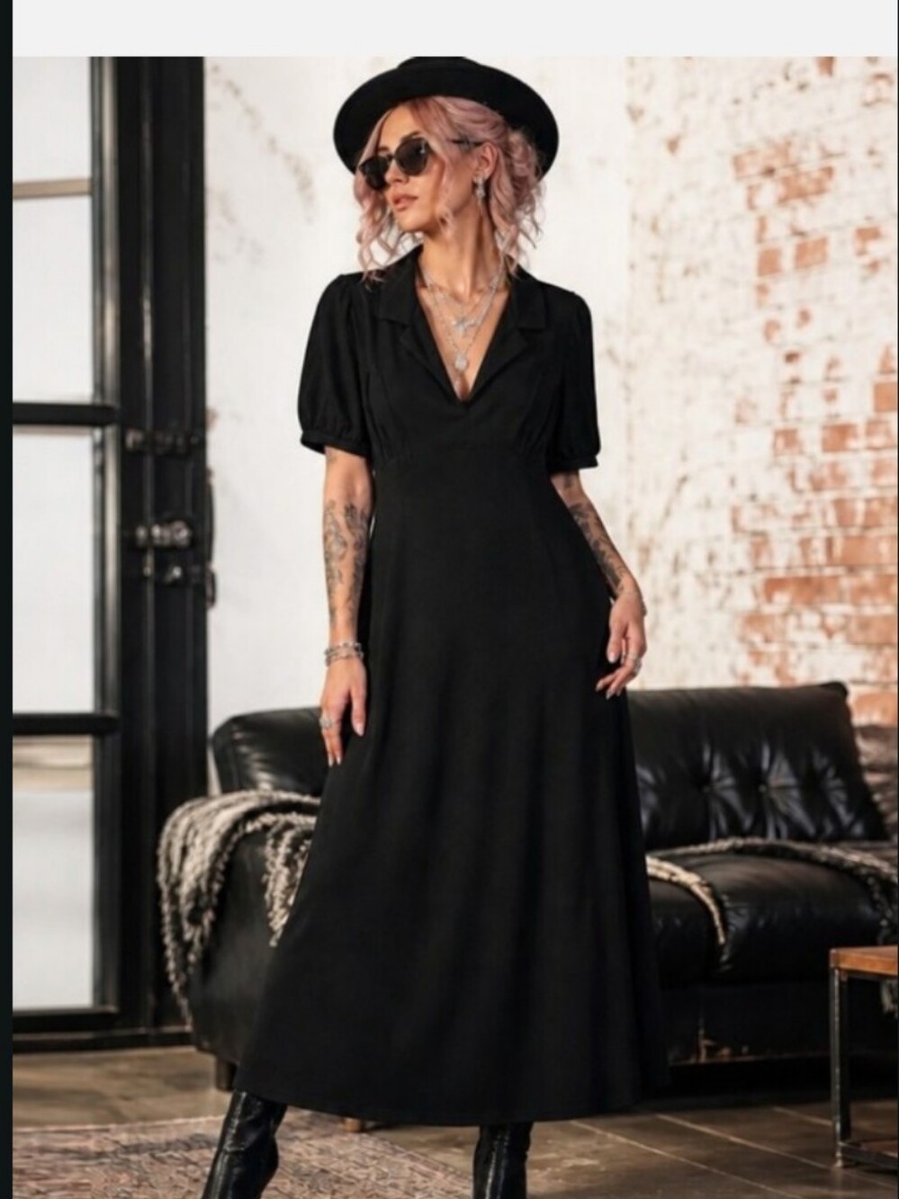 asos black puff sleeve dress V-Neck Midi with Sleeves and A-Line Skirt Featuring a square neck Seersucker Efsteb Dresses for Women Pre-Set Configuration:Bed